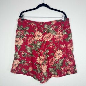 LAUREN Ralph Lauren Red & Green Floral 100% Linen Flat Front Shorts Sz 14W